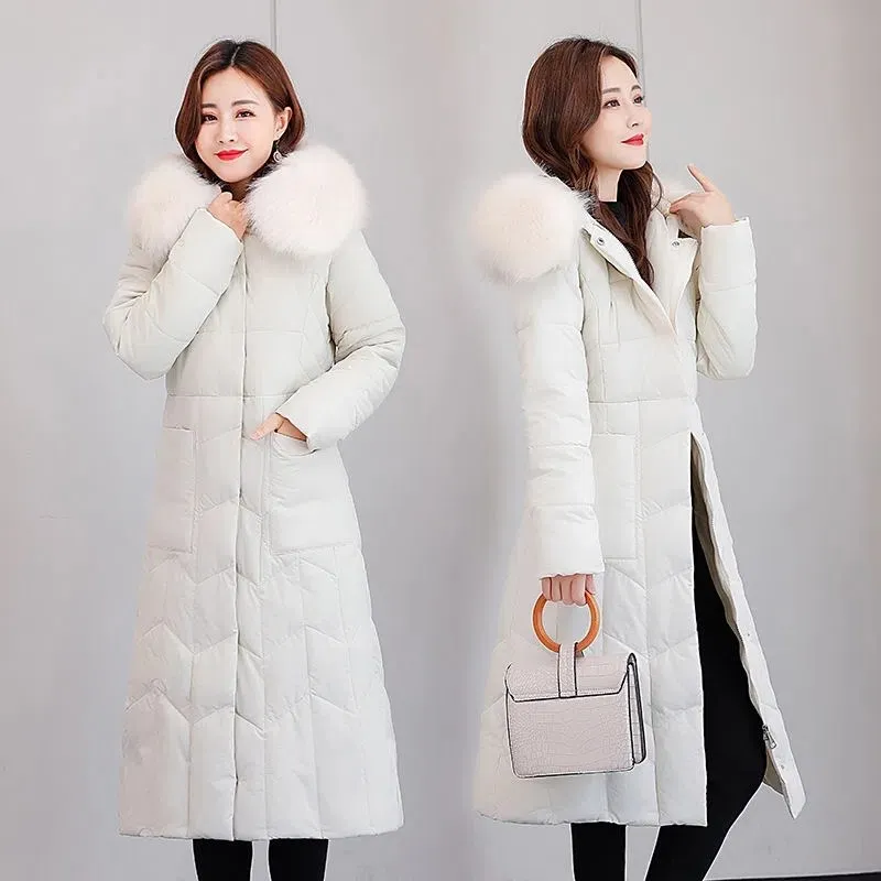 Manteau d'hiver en coton à capuche pour femme, épais, longueur aux genoux, veste Slim, parka, grand col en fourrure, vêtements d'extérieur tendance, nouvelle collection