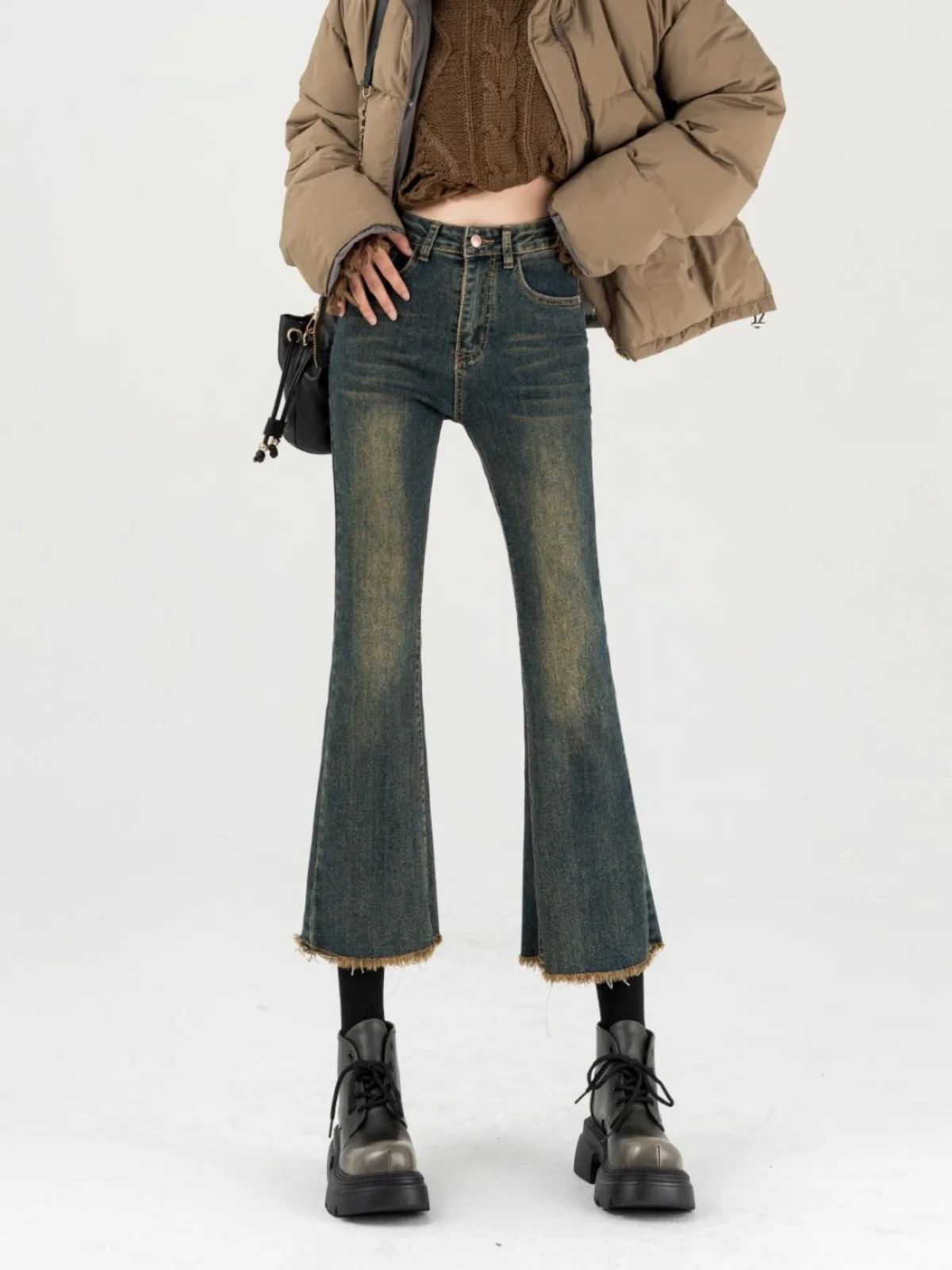 

Джинсы-колокольчики с высокой талией, женские весенне-осенние новые брюки-колокольчики большого размера с потертостями, мм, тонкие брюки-колокольчики небольшого размера