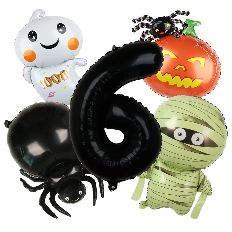 5PCS Halloween BOO Mummy Spider Pumpkin Balloon Set With 32inch Black Number Boys Birthday Party Baby Shower Helium Balloon