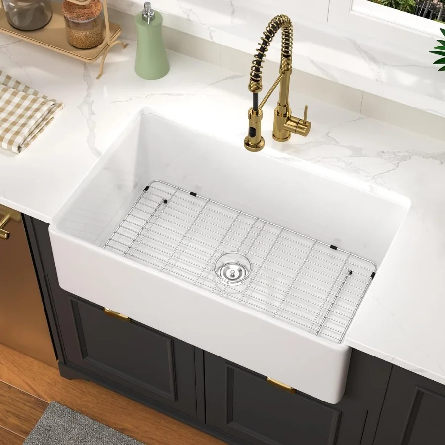 

30X20X10 Inch White Fireclay Farmhouse Sink with Porcelain Ceramic Finish Single Bowl Apron Front Kitchen Sink for Country Styl