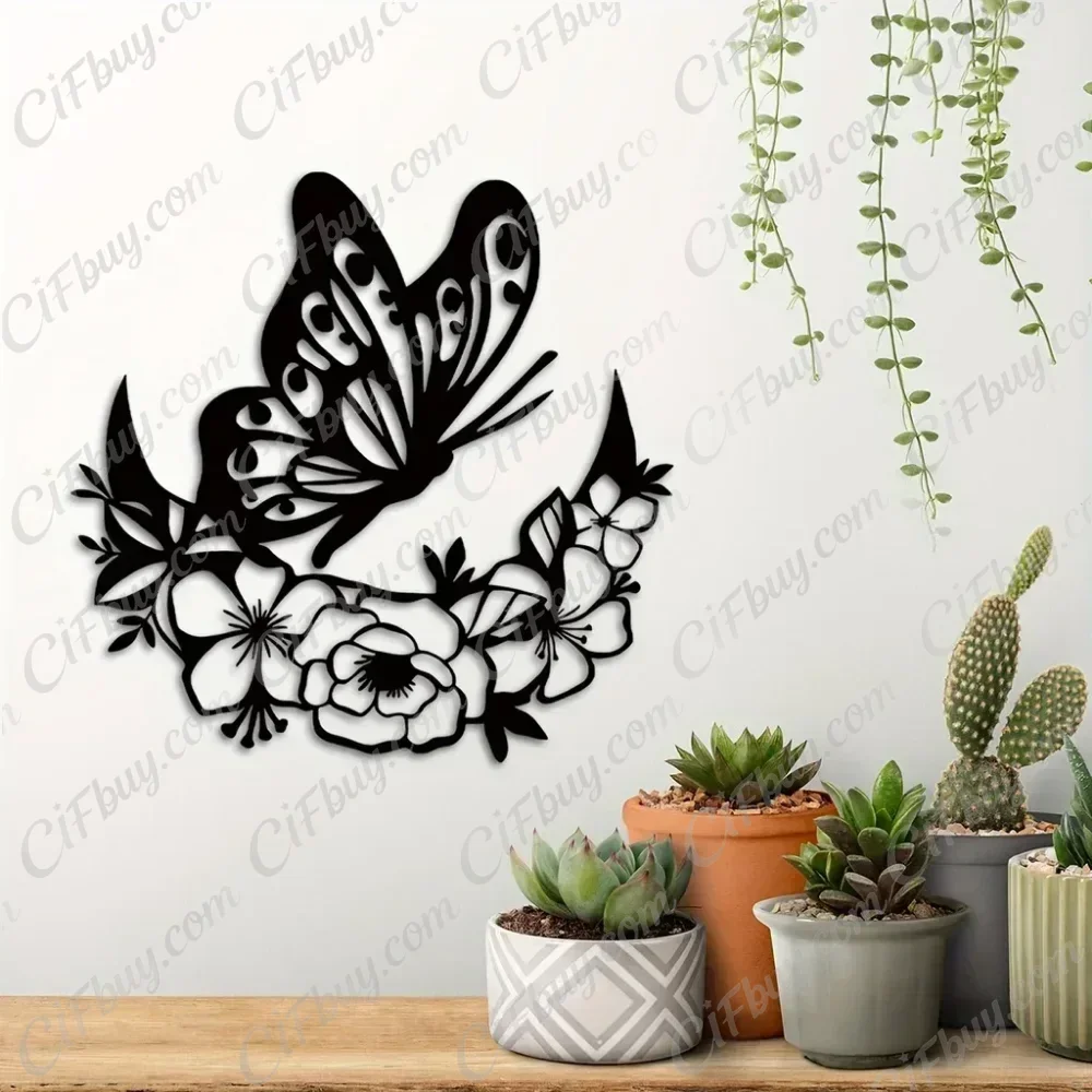 CIFBUY Moon Phase Floral Metal Wall Art Boho Flower Butterfly Silhouette Iron Wall Decor Home Accent