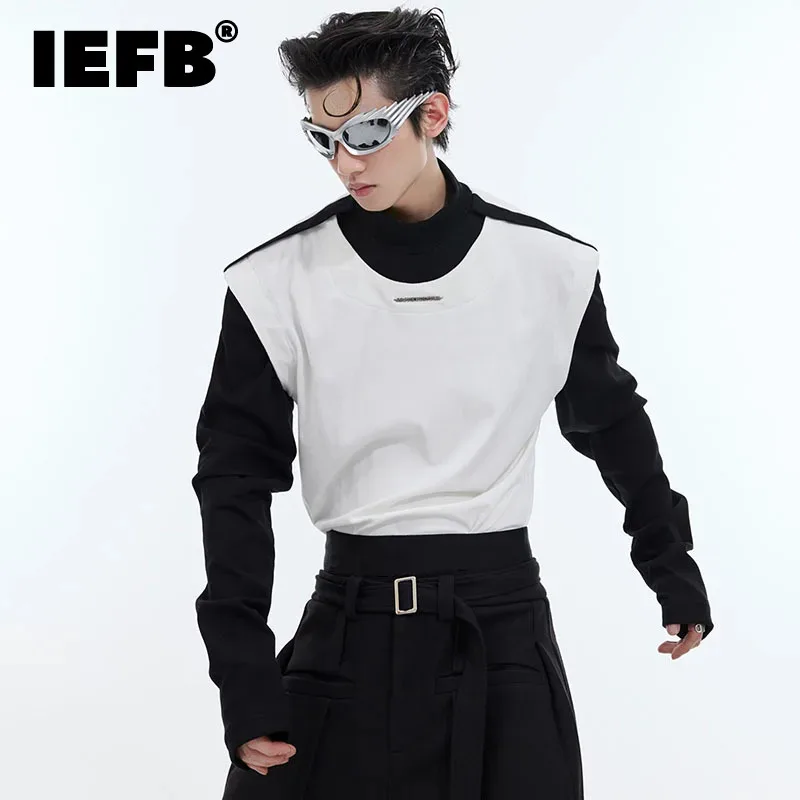 IEFB Fake Two-peice Men's T-shirt Stand Collar Casual Stitched Contrast Color Male Long Sleeve Tops 2024 New Stylish 9C4709