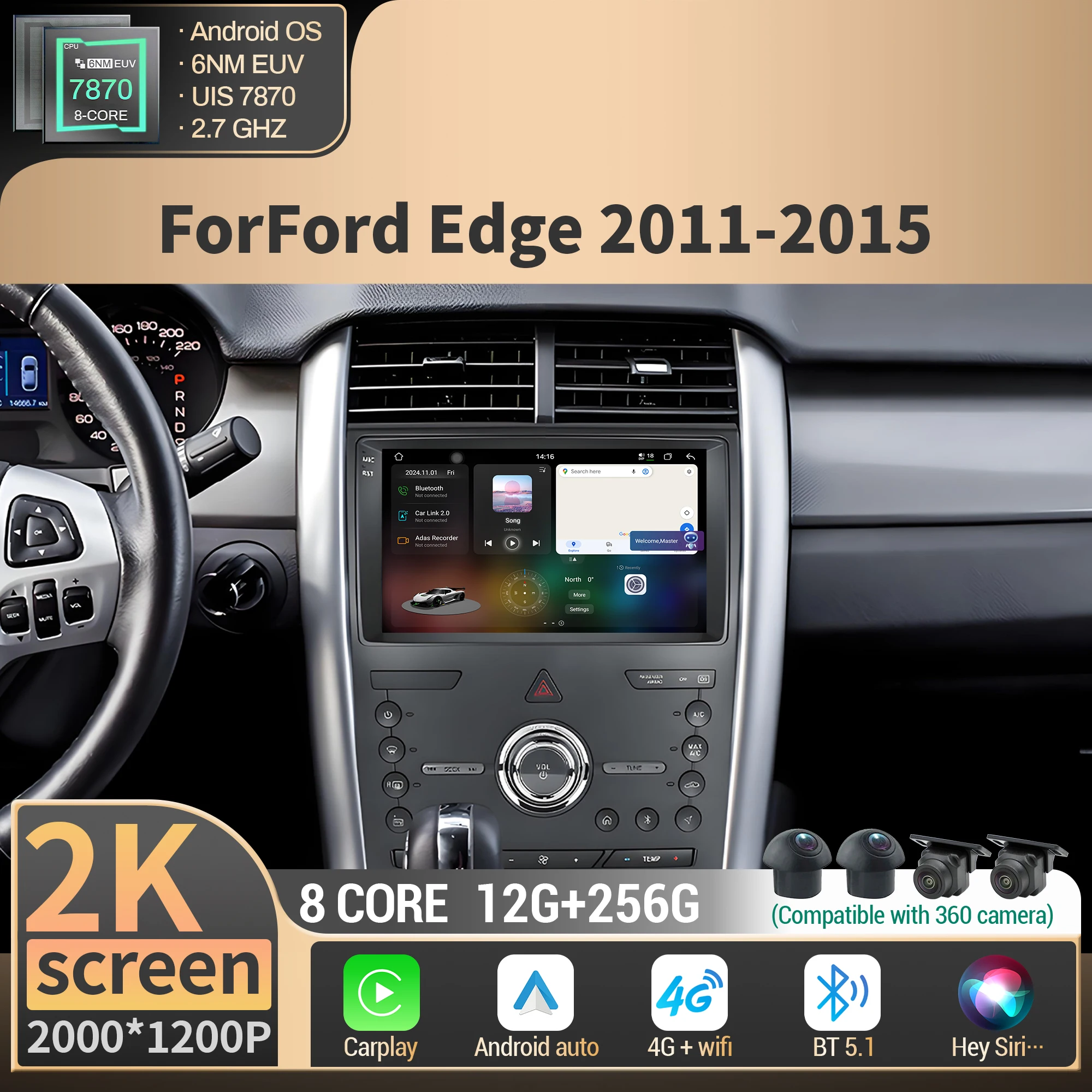 For Ford Edge 2011 2012 2013 2014 2015 Car Radio Multimedia Navigation 4G GPS Wireless BT CarPlay CPU 7870 2K QLED Screen Stereo