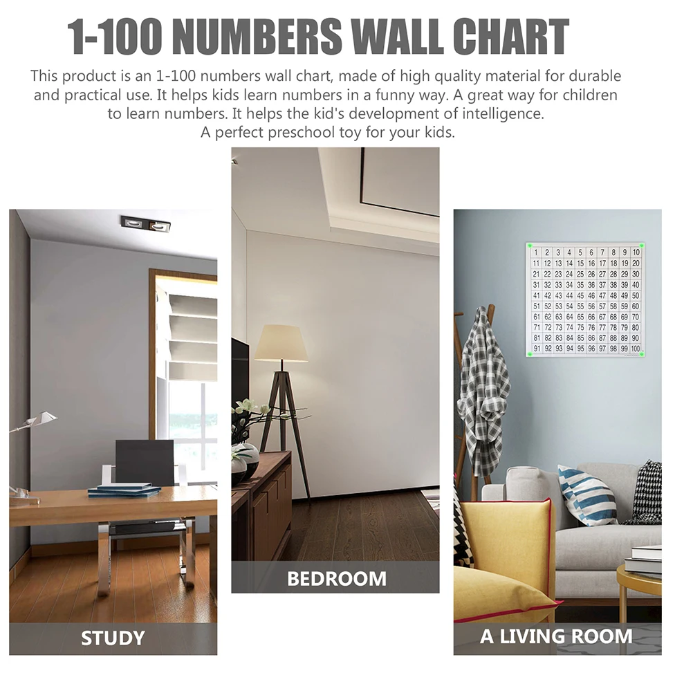 

2 Sheets Numbers Wall Chart 1-100 Kids Learning Posters Plastic Film Lightweight Portable Educational Tools Preschool Charts
