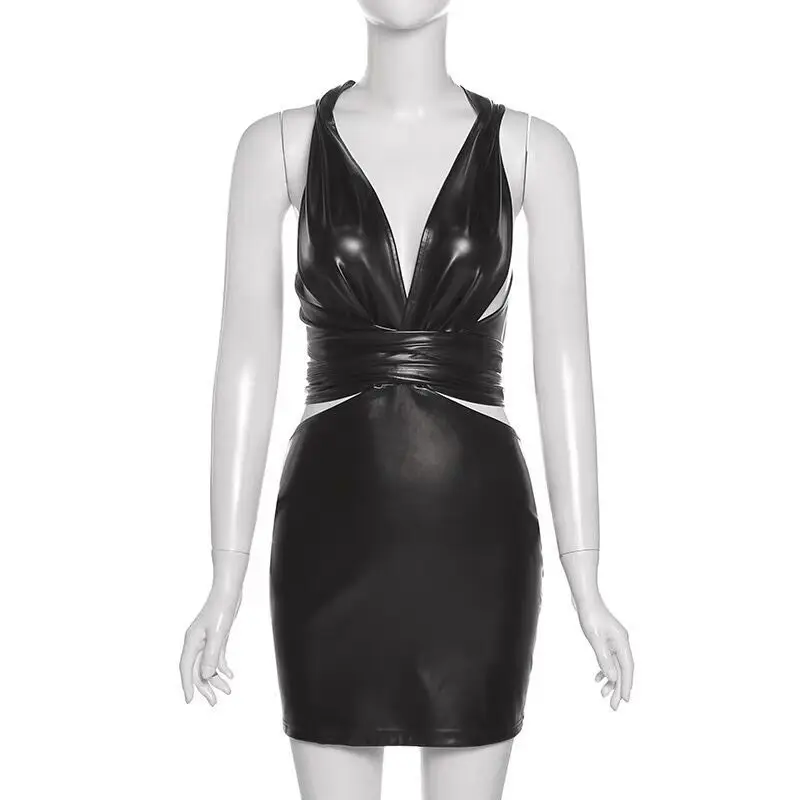 

Hollow Leather Tight Spot Youth Neck Sexy Midnight Temptation Women Night Club Party Dresses Vestido Plus Size 3XS-3XL