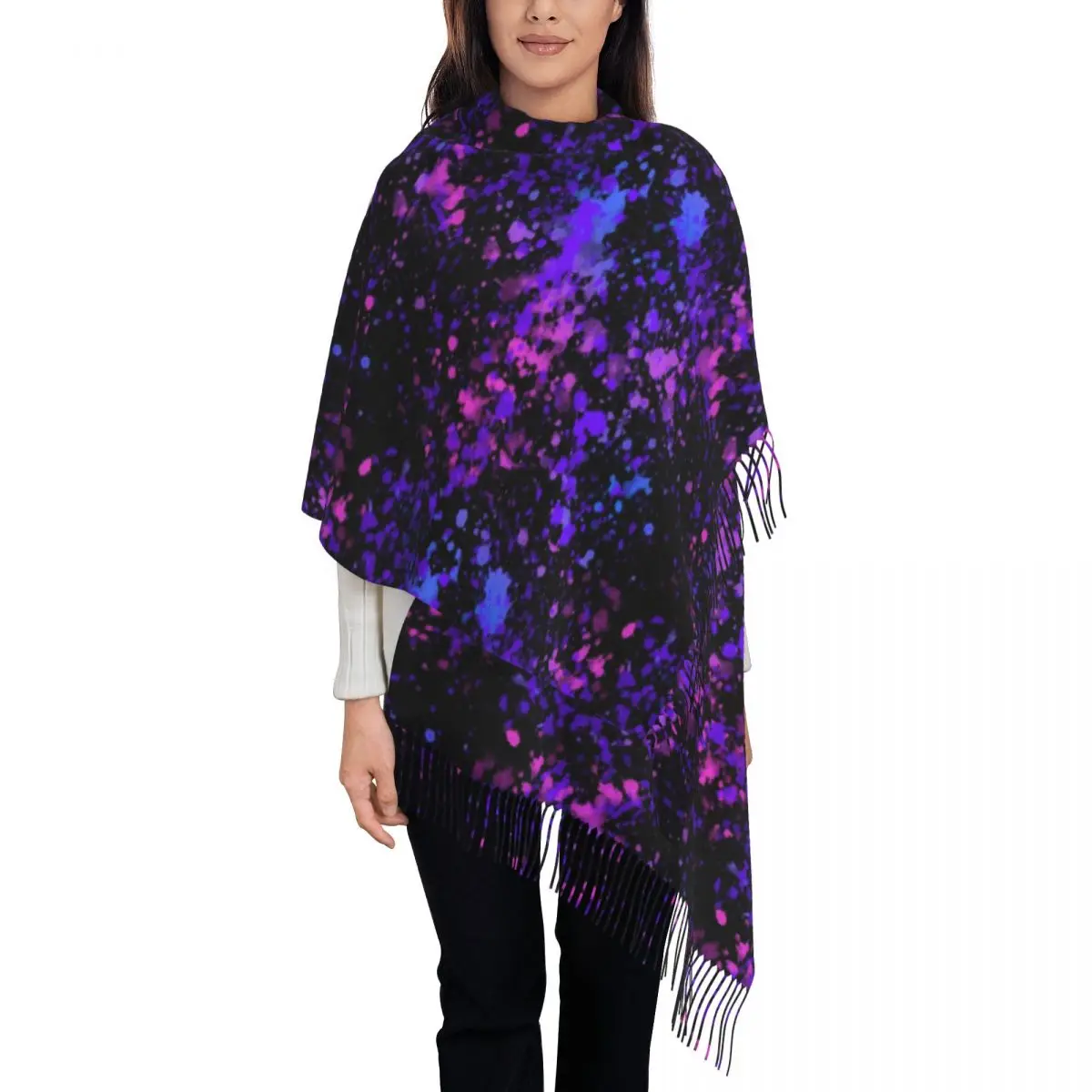 Neon Paint Scarf Female Colorful Splatters Print Head Scarves with Long Tassel Winter Casual Shawl Wrap Outdoor Custom Foulard