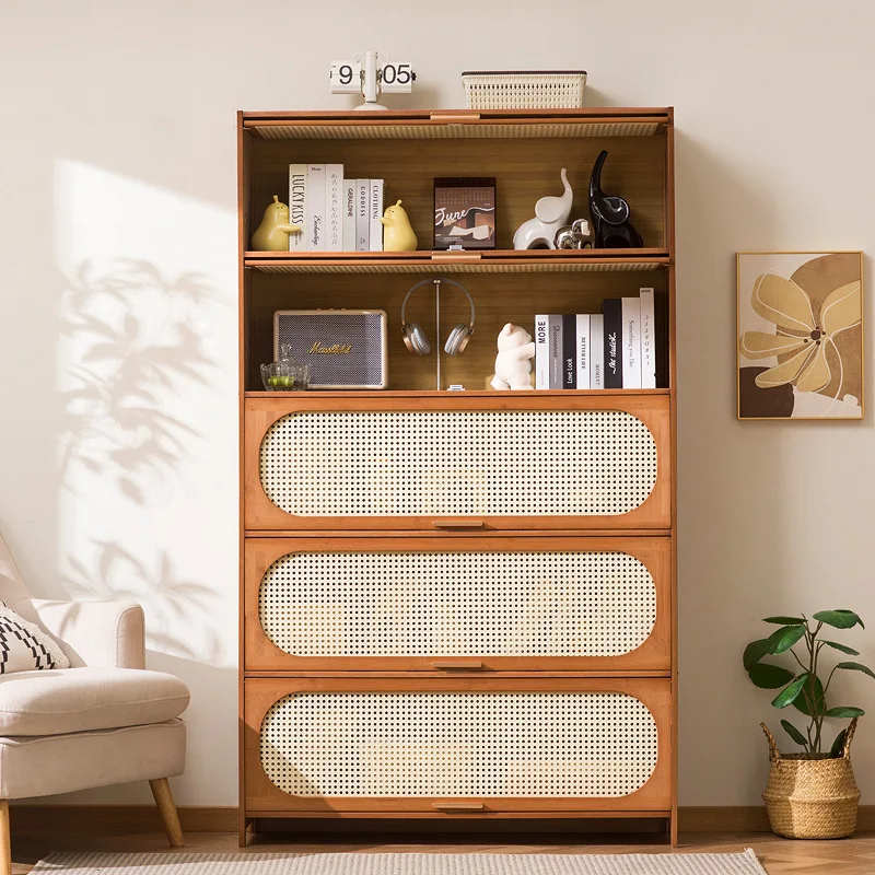 Retro style multi-layer storage cabinet, light luxury rattan decorative door dining cabinet, living room storage cabinet