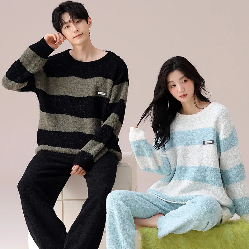 Couple Men Women Autumn Winter Pajamas Velvet Thickened Coral Velvet Fresh Stripes Can Be Worn Out Household Clothing