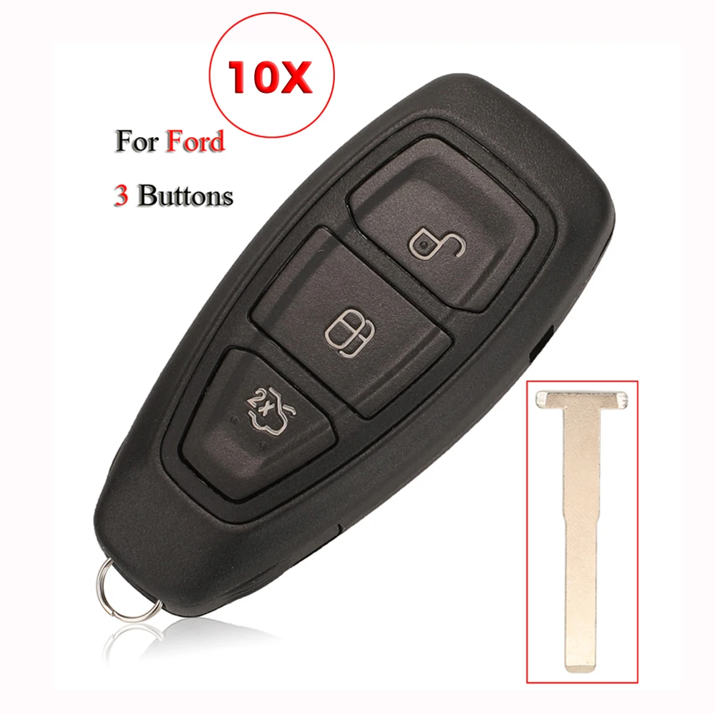 jingyuqin 10pcs For Ford 2011-2019 Focus C-MAX Fiesta 2011- 2016 Remote Key Shell Case 3 Buttons HU101 Balde fob Replacement