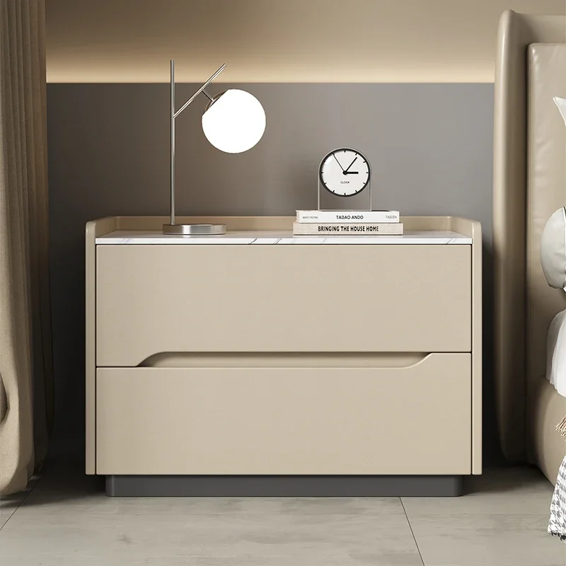 

Installation-free solid wood bedside table Modern simple light luxury high-end bedroom rock slab small leather bedside