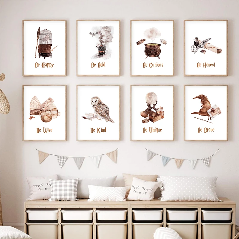 Pósteres de Harry Potter con Diseños de Libros Mágicos, Escobas, Bolas de Cristal y Pociones, Impresiones de Magos, Arte de Pared para Cuarto Infantil, Lienzo Decorativo para Habitación Infantil