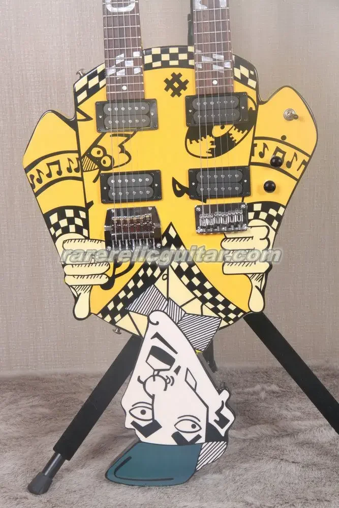 Rare Cheap Trick Rick Nielsen Uncle Dick Double Neck Yellow Electric Guitar Kahler Bridge White Pearl Inlay Chrome Hardware