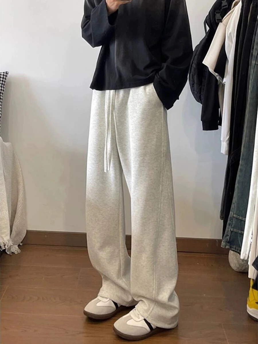 

Men's Autumn Winter Fce Lined Wide Leg Pants Straight Cut Loose Fit Trousers American Sle Draped Loose Feeling Trousers