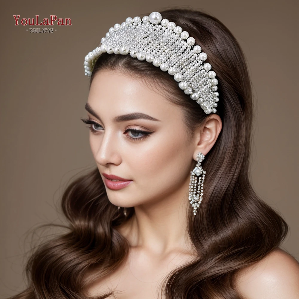 

YouLaPan Bridal Full Pearl Headbands Handmade White Color Pearl Tiara Pageant Wedding Luxury Headdress Hair Accessories HP656