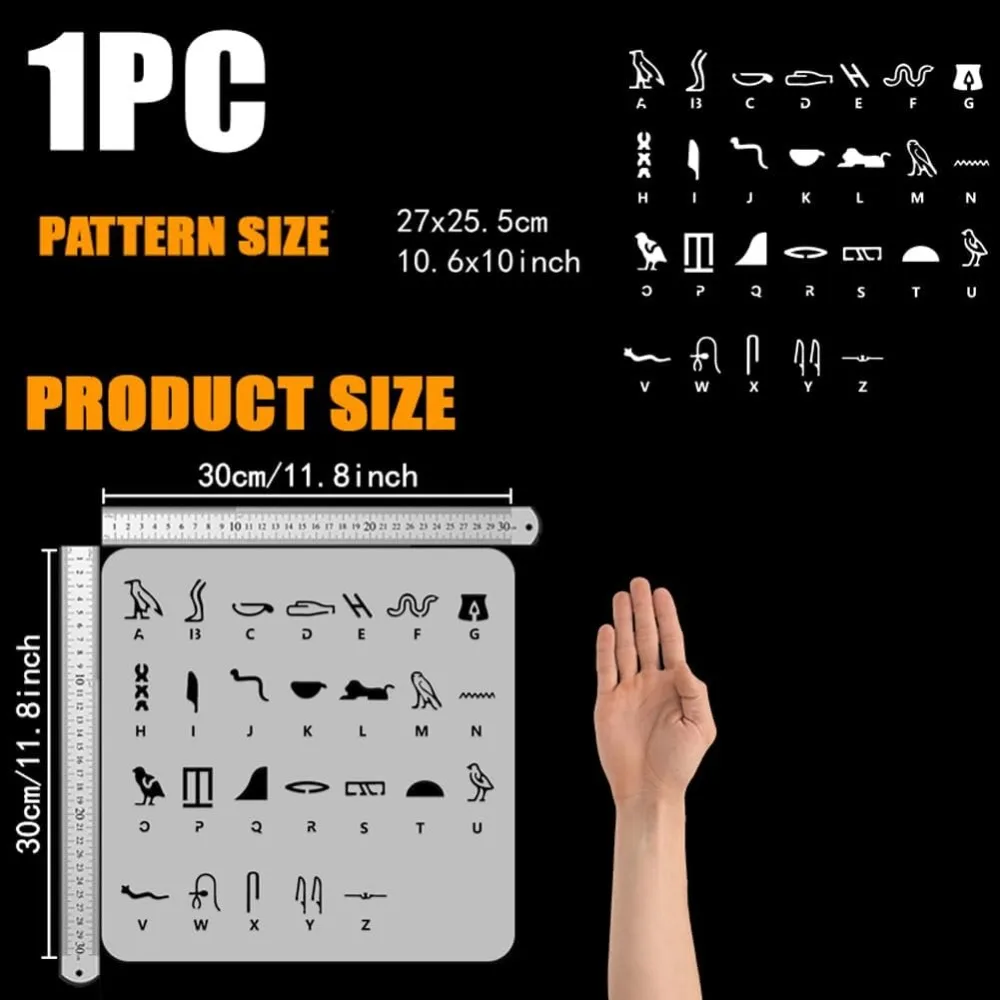 Alphabet Stencil for Painting - 11.8x11.8 inch Hollowed Hieroglyphs Template - Plastic PET 26 Alphabet for Egyptian Theme
