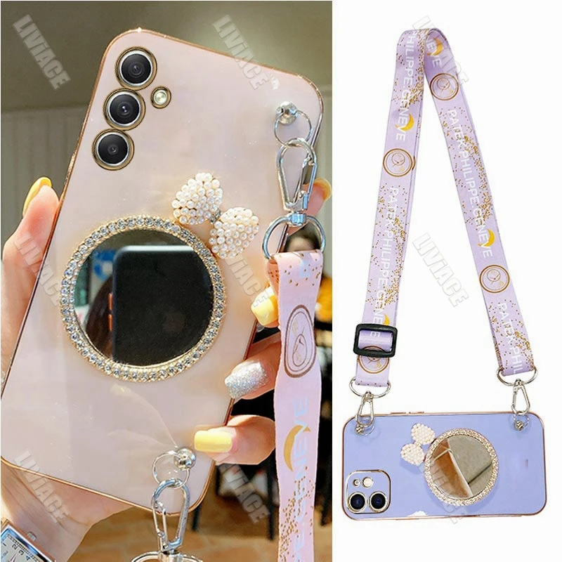 Etui Diamond Mirror Lanyard Strap Case dla Samsung Galaxy A05 A05S A14 A54 A04 A34 A24 M14 4G 5G Stand Strap Cover