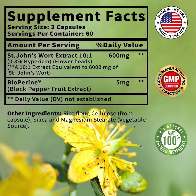 St. John's Wort Capsules 6000mg - Relieve Stress and Anxiety, Promote Positive Emotions, and Boost Mental Health