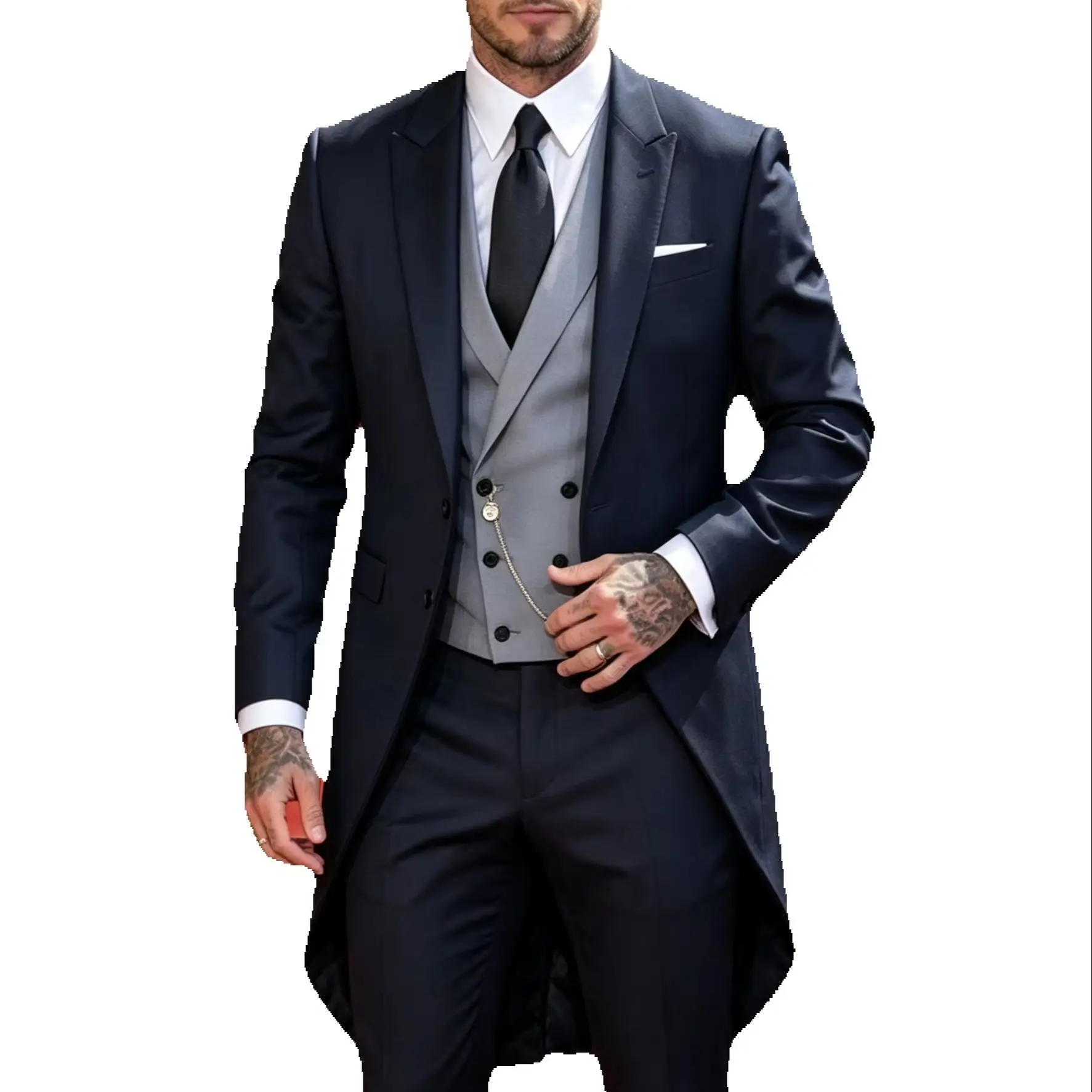 

Navy Blue Tailcoat Men's Wedding Suits Groom Tuxedo 3 Pieces Terno Male Fashion Smoking Jacket With Pants Vest for Party Prom