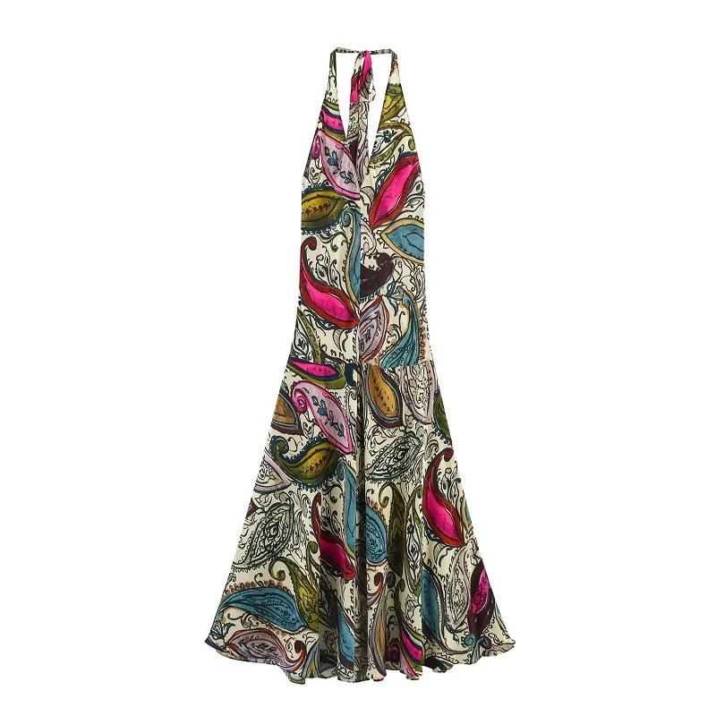 MUJER Stampa Abiti lunghi con scollo all'americana per donna Boho Beach Maxi abito Donna Abiti da festa sexy senza schienale Abito da donna per le vacanze