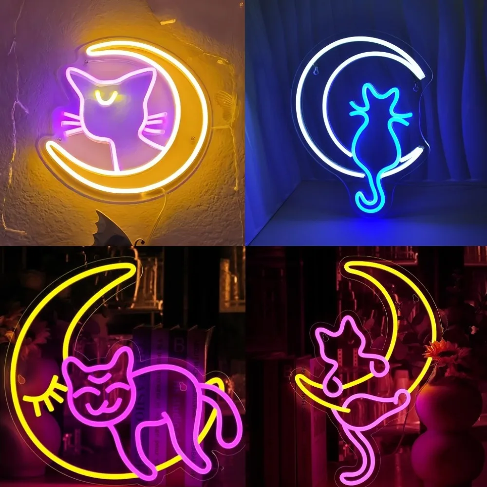 

Cat Moon Neon Sign Personalized Anime Neon Signs for Room Wall Decor LED Night Lights Home Decor Lights Gift for Girls Boys