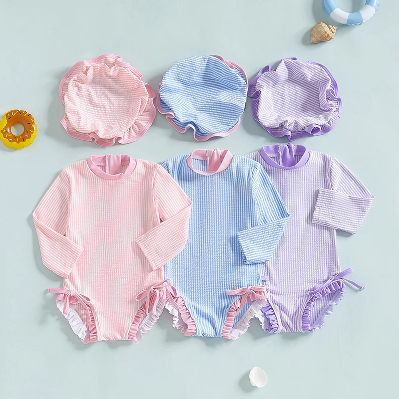 

0-3Y Infant Baby Girls Swimsuit with Sun Hat 2pcs Sets Toddler Striped Long Sleeve Rash Guard Swimwear Summer Beach Bathing Suit