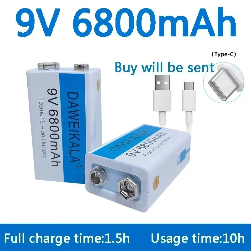9V 6800mAh Rechargeable lithium battery Type-C Battery for Multimeter Microphone Toy USB charging cable fast charging