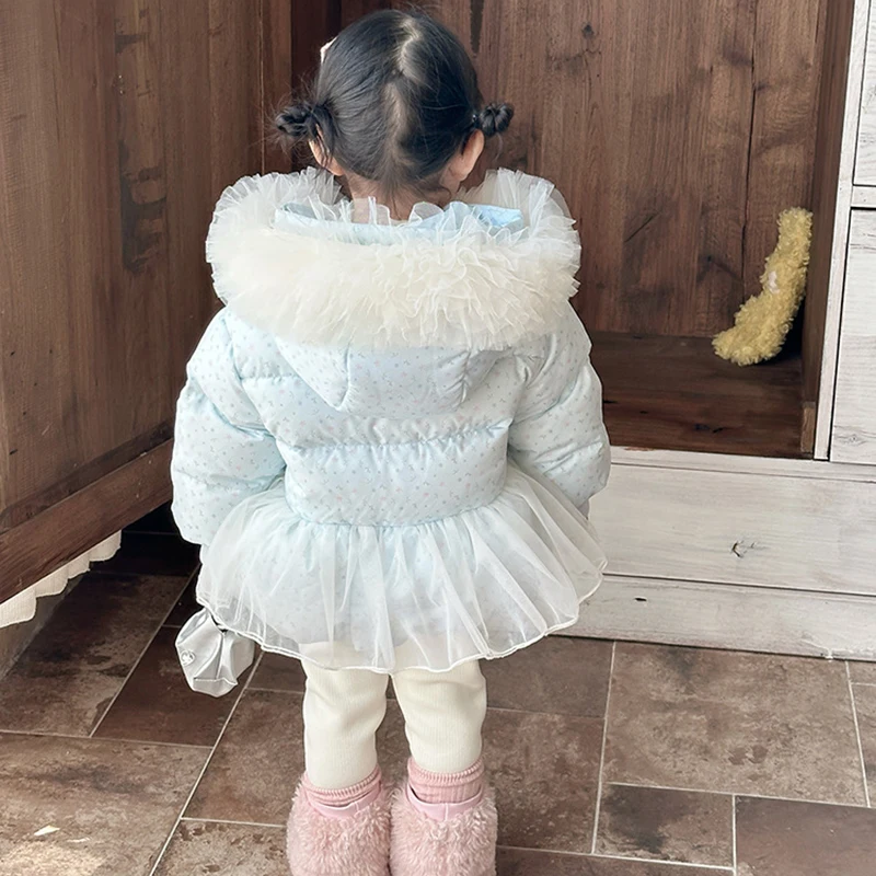 Girls' Duck Down Jacket Hooded Snowsuit Winter Fashion Tulle Splicing Puffer Coat Kids Hairball Button Zipper Princess Outerwear