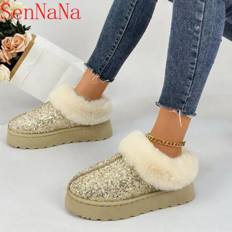 Bling Frauen Wohnungen Schneeschuhe Winter Plattform Fell warme Baumwoll schuhe neue Trend Mode Walking kurze Plüsch Zapatillas weiblich