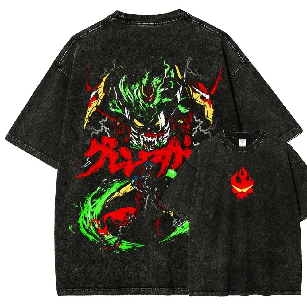 Tengen Toppa Gurren Lagann Spiral Power T-shirt High Street T Shirts Vintage Washed Harajuku Print Streetwear Anime Fans Unisex