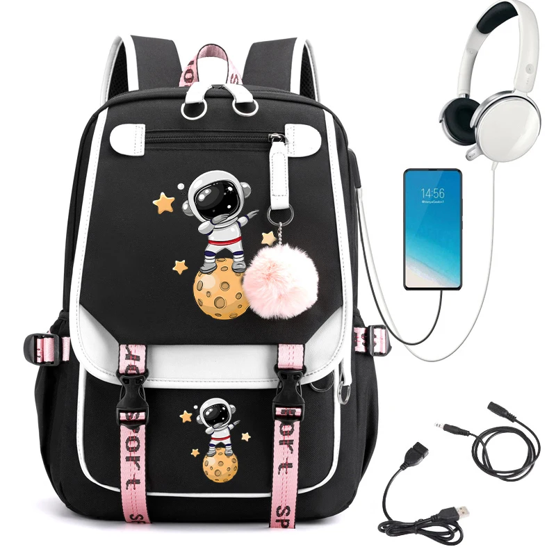 

Women Kawaii Schoolbag College Students Bookbag Black Pink School Bags Usb Charging Backpacks Teenager Girls Backpack Mochila