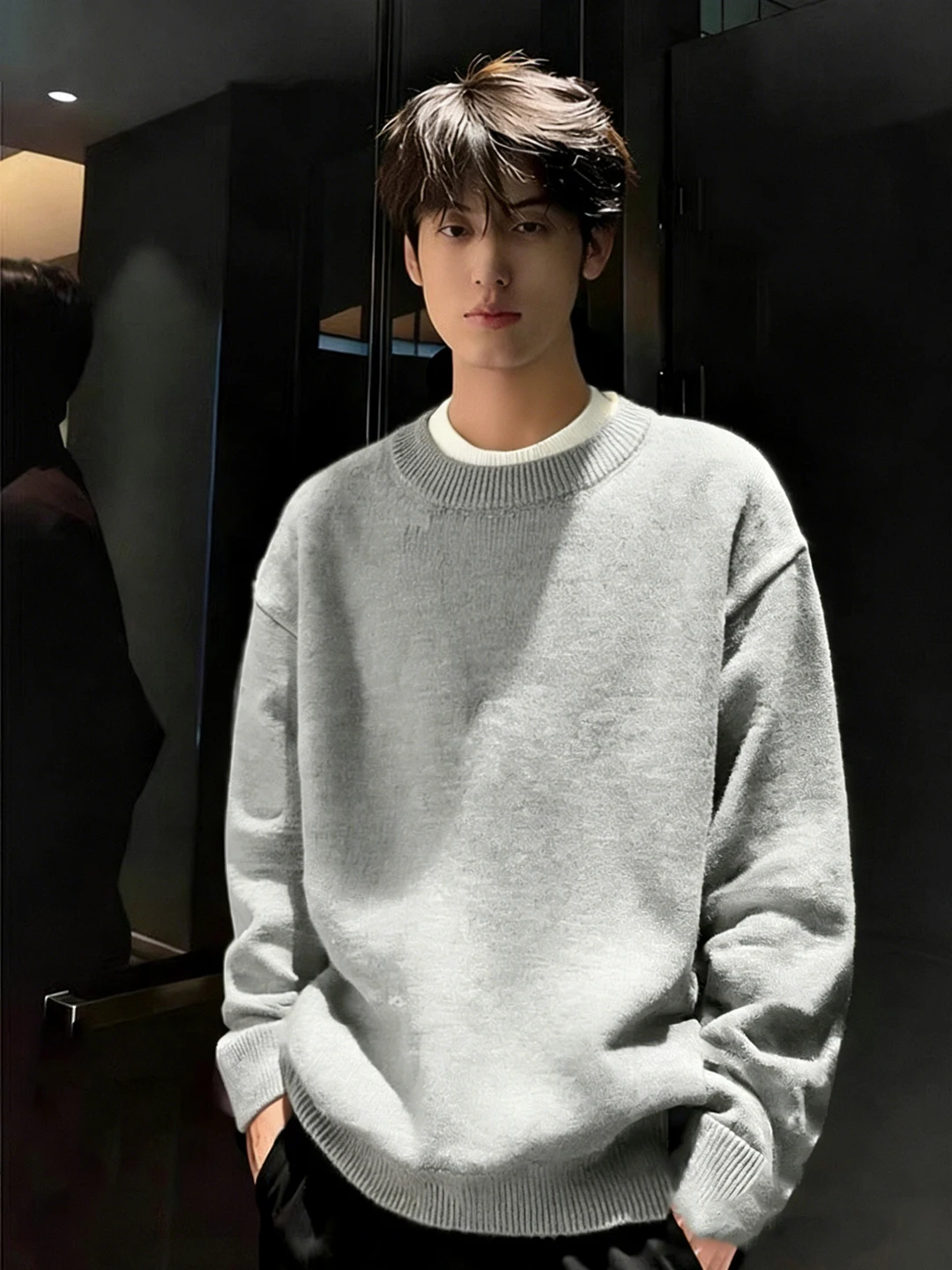 

Мужской вязаный джемпер в стиле ретро, светло-серый, с круглым вырезом, на флисовой подкладке, зимний базовый слой, повседневный, свободный крой, с длинным рукавом