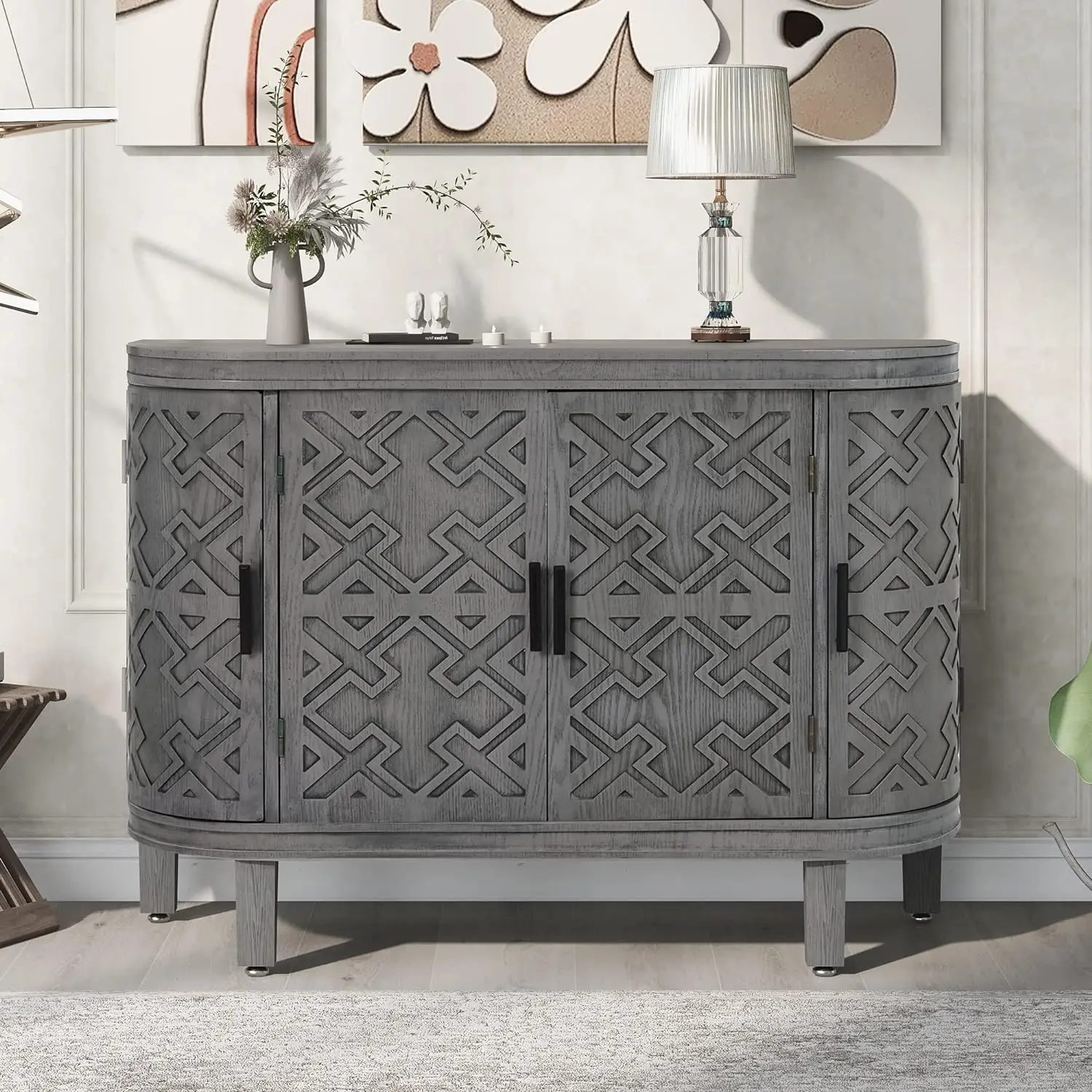 

Accent Storage Cabinet Retro Style Pattern, Wooden Buffet Sideboard with 2 Shelves and 2 Curved Doors, Console Table