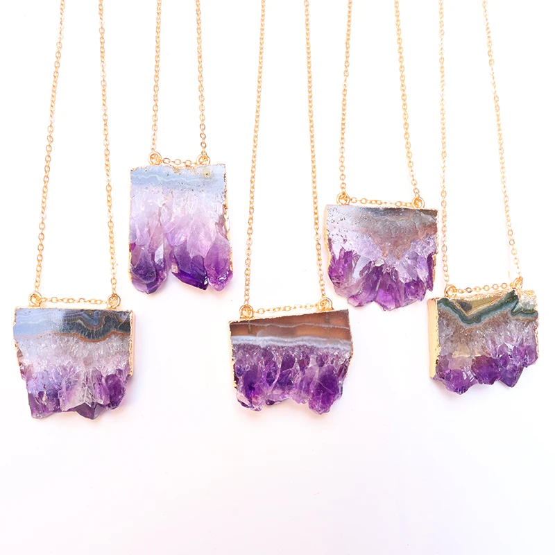 Natural Gem Stone Amethyst Slice Pendant Necklaces Purple Quartz WomenMale Raw Slab Geode for DIY Jewelry Making