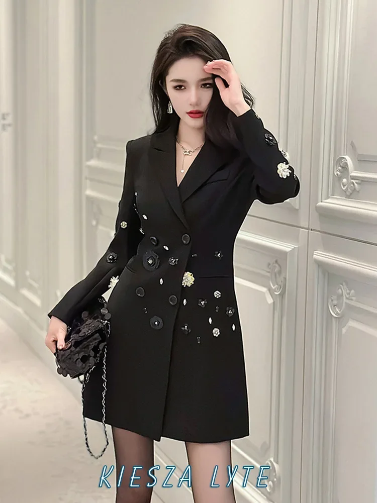 

Stunning French Design Black jacket Dress with 3D Diamond Sequin for Slimming Fashion luxury blazers for women party dresses2024