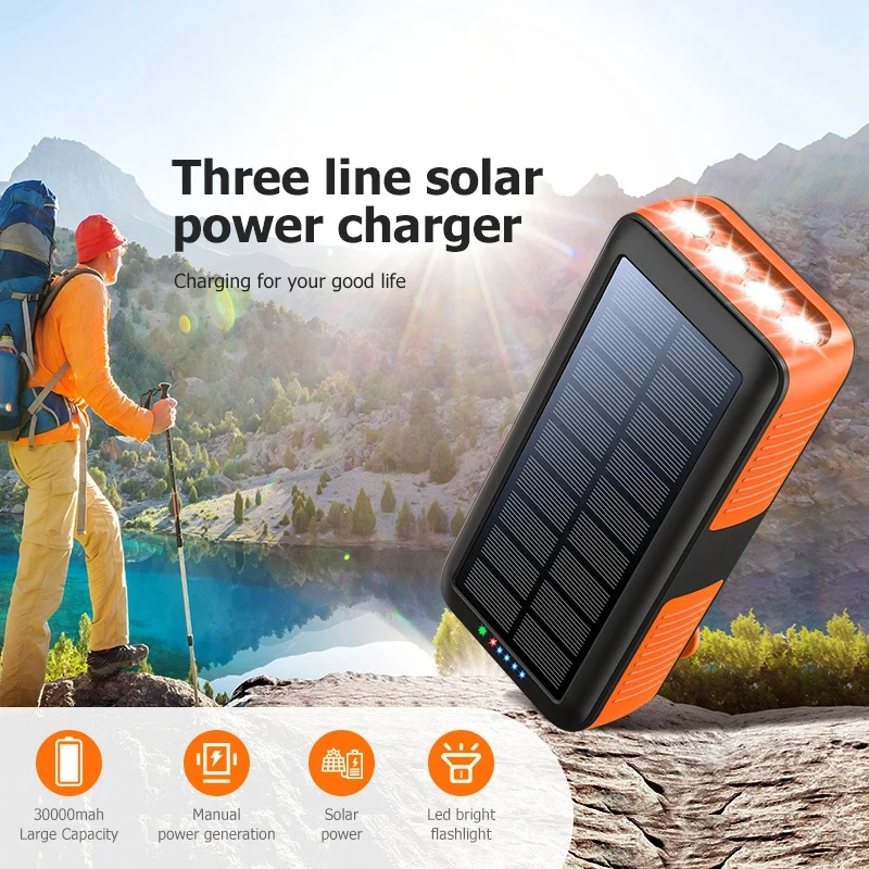 For IPhone IPad Tablet Xiaomi Powerbank Hand Crank Solar Power Bank 30000mAh With Cable Flashlight 2 USB Outdoor Battery Charger