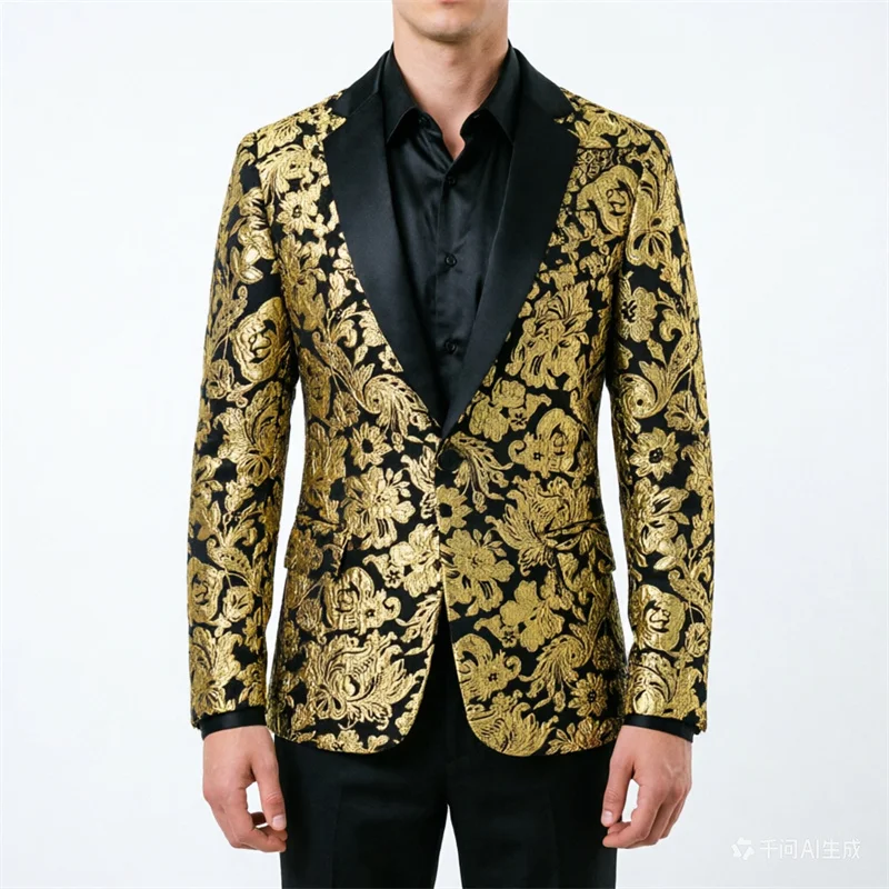 

2025 New Men Luxury Jacquard Suit Single Buckle Jacket Fashion Singer Host Party Stage Performance Dress Blazers Coats