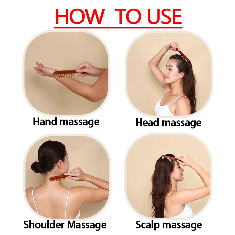 Head meridians massage comb copper wood meridians comb needling Guasha scalp relax  Tools