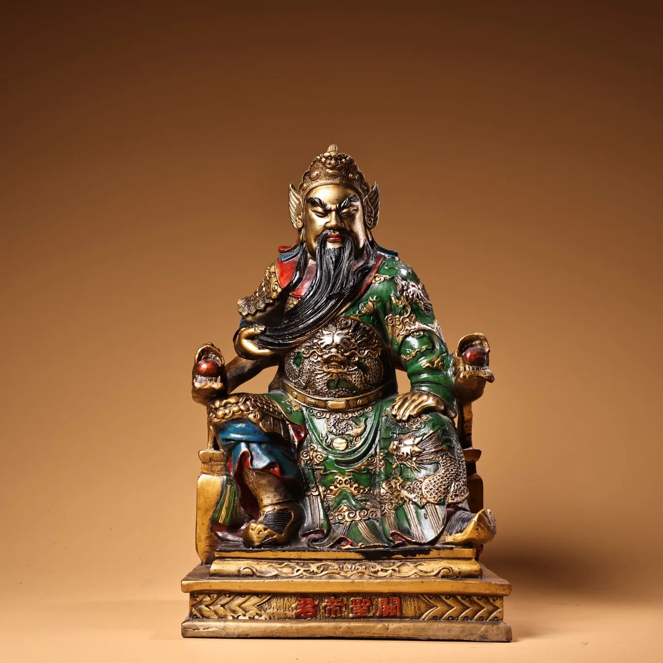 

11"Tibetan Temple Collection Old Bronze Painted Cinnabar Dragon Texture Guan Yu Sitting on a Dragon Chair statue Worship Hall
