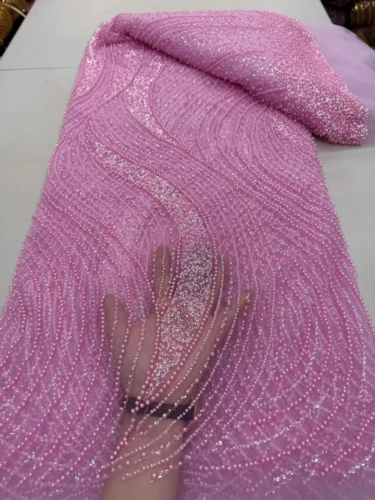 

African Lace Fabric 2025 Handmade Beaded Lace Fabric France Sequins Nigerian Embroidery Bridal Mesh Lace Fabric For Sewing