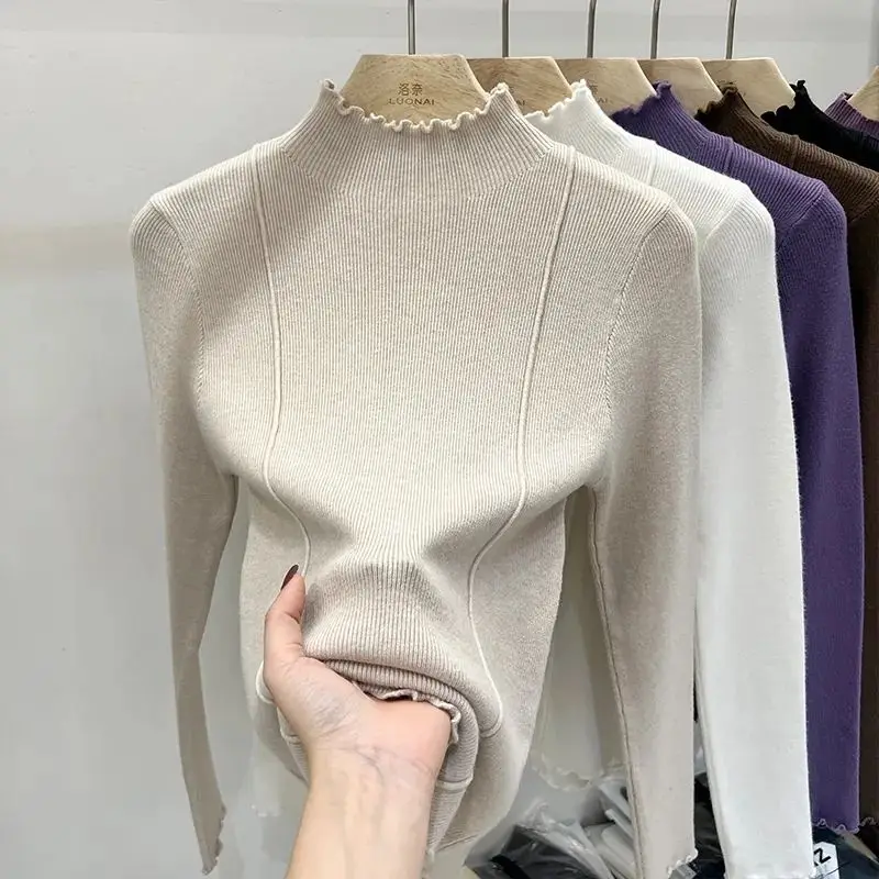 Women's Knitted Bottom Shirt Purple Sweater Half High Collar Bottom with a Sweater Underneath Autumn and Winter Women's Sweater