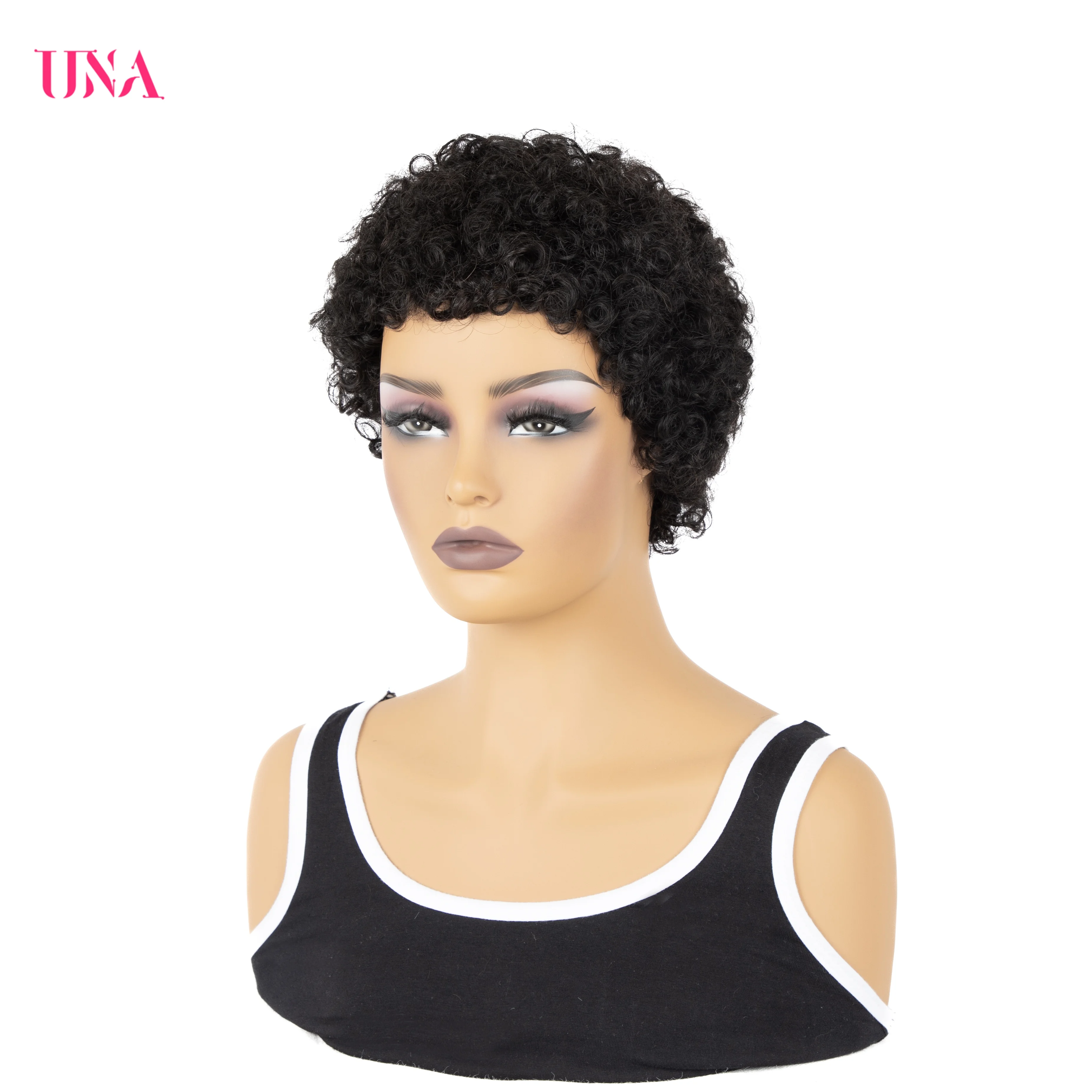 UNA Short Human Hair Wigs Non-Remy Human Hair Wigs 120% Density  Curl Human Hair Afro Wigs For Full Machine Made Wigs