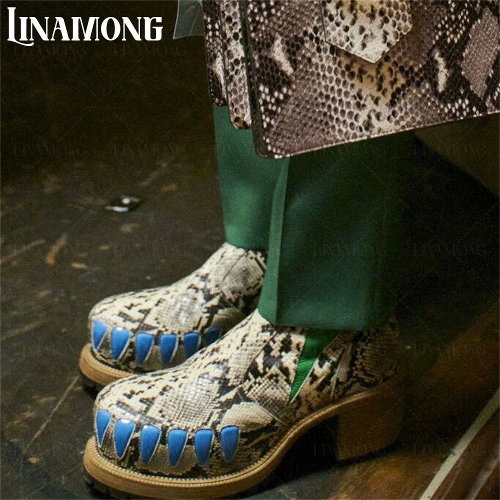 Novel Designer Style Ankle Boots Teeth Eyes Lightning Print Round Toe Booties Chunky Heel Handmade Full Length Side Zipper Boots