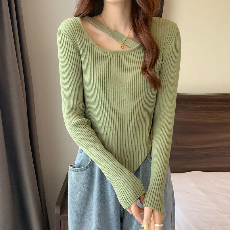 Ladies Pullovers Long Sleeve Fashion Solid Women Clothing Simplicity O-neck Irregular Skinny Knitting Sweater Autumn Top Tee