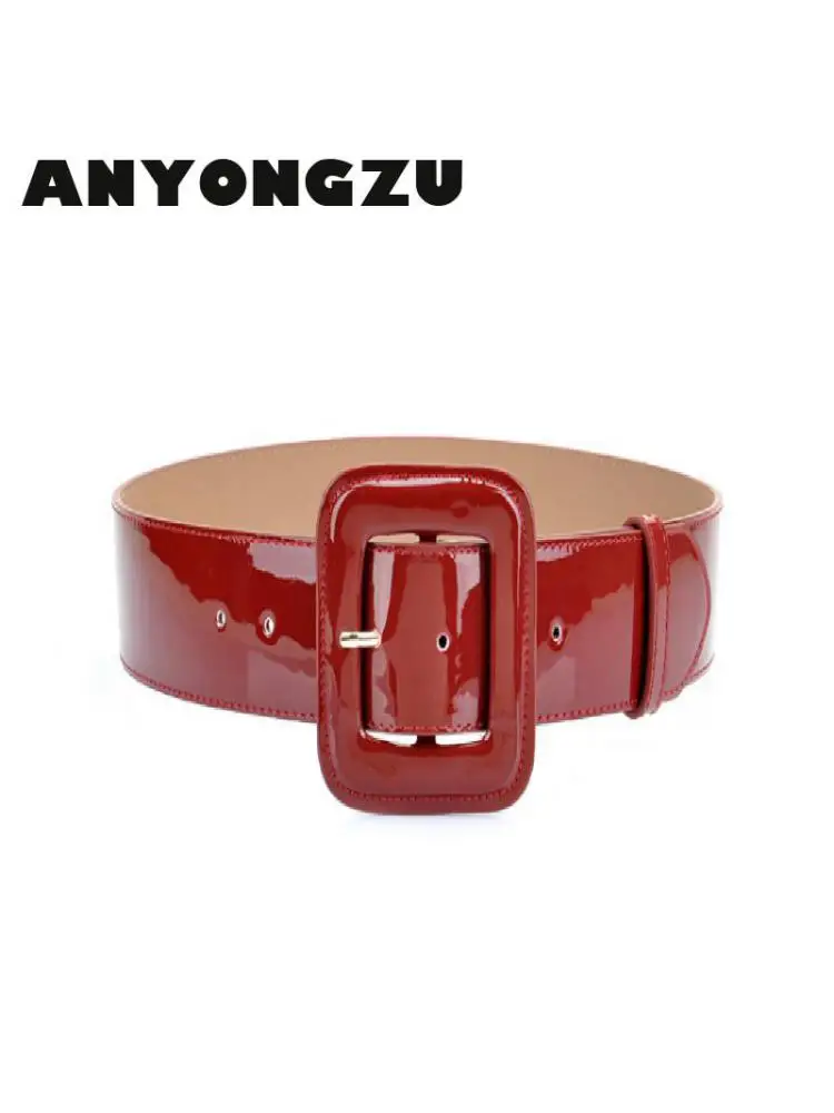 Wide Women Genuine Cowhide Belt Designers Brand Bright Red Black High Quality Woman Waist Belts Dresses 100cm*4.7  Buckle Luxury