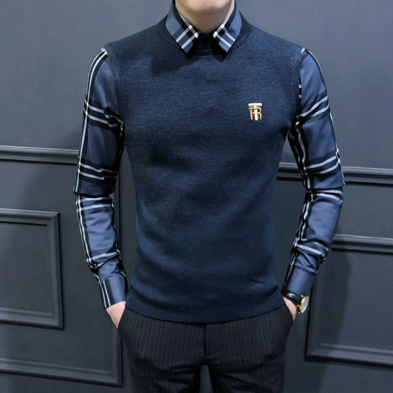 

High-quality Men’s Fake Two Pieces Shirt,Spring And Autumn Knit Dress,Slim-fit Long Sleeve Shirt;Stripes Decors Knitwear;