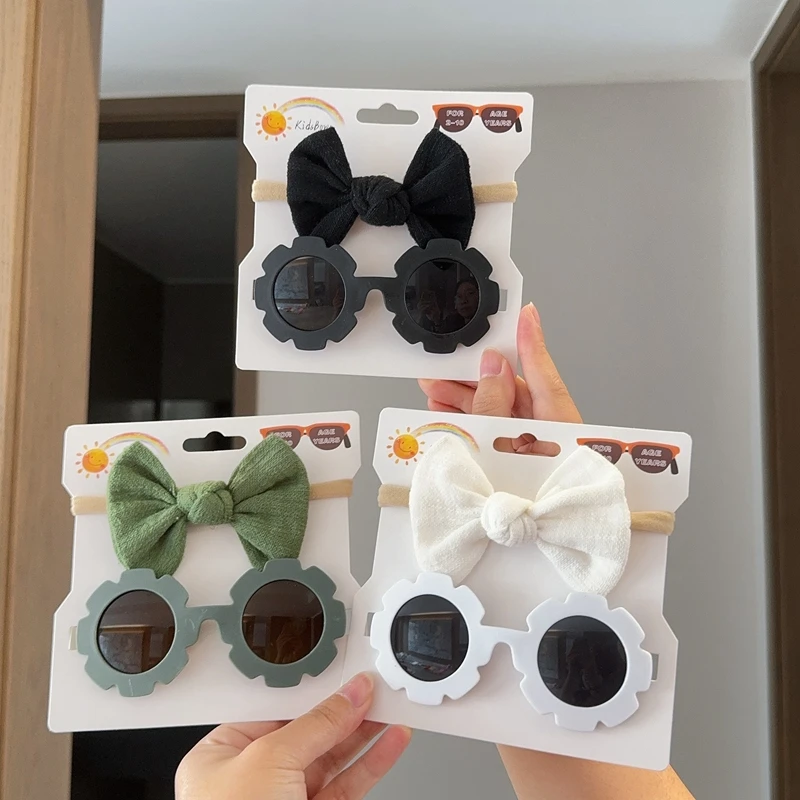 2Pcs/set Baby Bows Headband Cartoon Sunglasses Girls Beach Photography Props Toddler Hair Bands Headwear Kids Hair Accessories