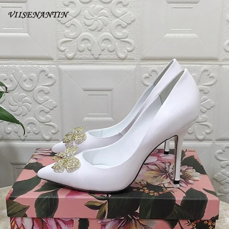 

Nude Ladies Crystal Bowtie Buckle High Heel Pumps Shoes Shallow Mouth Party Wedding Dress Sapatos Elegant Women Gladiator Sapato