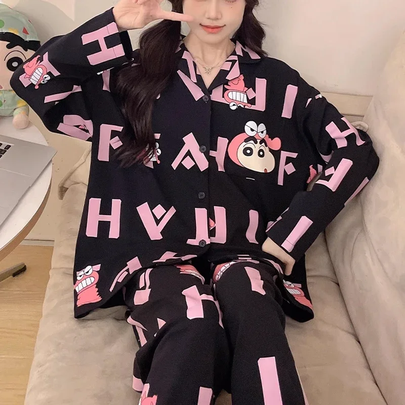 

Kawaii Crayon Shin-chan Pajama Sets for Women Autumn Pure Cotton Long-sleeved Trousers Pajamas Cute Anime Home Clothes Set