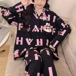 Kawaii Crayon Shin-chan Pajama Sets for Women Autumn Pure Cotton Long-sleeved Trousers Pajamas Cute Anime Home Clothes Set