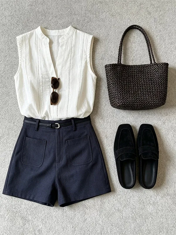 

Fashionable High-Waist Short Shorts Set Women's Sleeveless Top plus Size Summer New Arrival White Color Korean Style round Neck